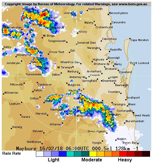 Figure 28- Left: weather further intensifying around Brisbane at 0600 UTC. Right: weather moving within about 30km of Brisbane Airport at 0700 UTC. NOTE: Brisbane Airport is approx.