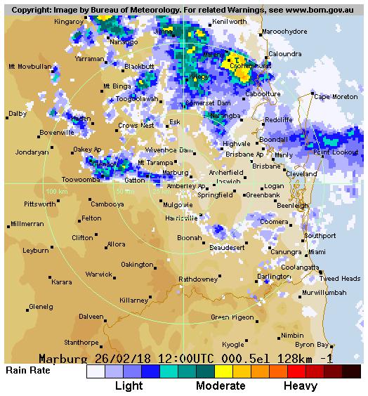 Figure 43- Left: weather dissipating near Brisbane at 1200 UTC. Right: weather further dissipating at 1300 UTC. NOTE: Brisbane Airport is approx. 60km NE of image centre (top right quadrant).