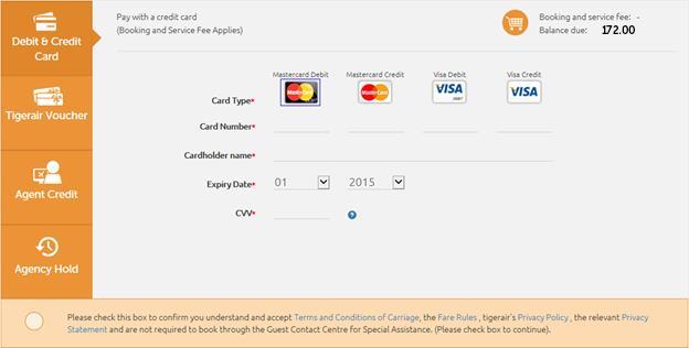 Paying with credit/debit card: Once confirmed the agent can make payment via Debit & Credit Card, as displayed below. Please complete the required fields.