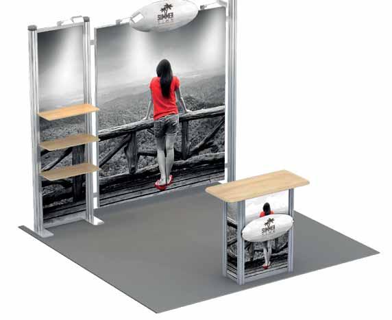 TRADESHOW SOLUTIONS 3 Exhibition Booth KASSEL CONTENT includes 3 spotlights EN FR PT ES Smart Exhibition System. Easy to be assembled. Aluminium frame 2824x2400mm. Header Board. Counter. Shelves: 3.