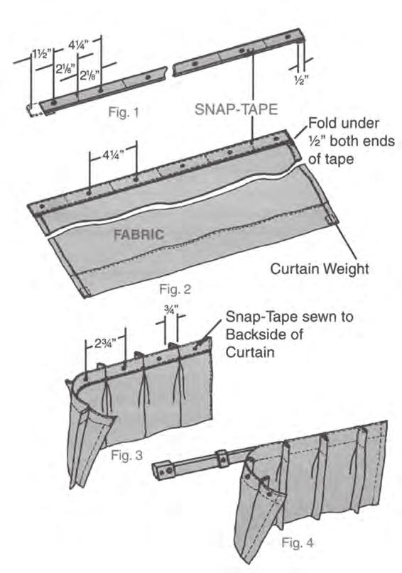 CurtainMate Installation and Fabrication 4 1 / 4 1 / 2 2 1 / 8 2 1 / 8 FIGURE 1 4 1 / 4 3/ 4 FOLD UNDER 1/ 2 INCHES BOTH ENDS OF TAPE CURTAIN WEIGHT FIGURE 2 DRAPERY FABRICATION INSTRUCTIONS 1.