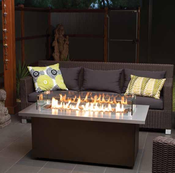 Regency Plateau PTO30CFT Coffee firetable shown with Sunset Bronze top, crystals and wind shield.