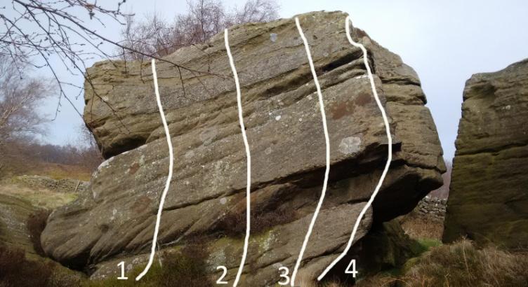 2/ Wombat 3 Centre of the wall 3/ Womble 3 Right side of the wall 4/ Batting Order 4+ SDS and up the arête on jugs.