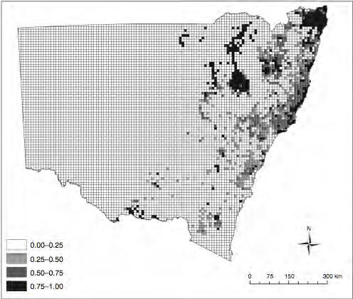 Figure 2: The distribution of koalas from a 2006 community based survey within NSW. Each square is 10km 2 and shows the average occupancy of that section. (Lunney et al. 2009) 2.