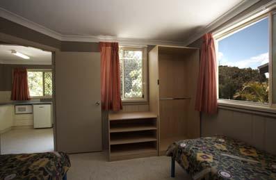 Accommodation Lodges 1, 2, 9, 11 and 12 Dorm style accommodation Six double bunks Lodges include ensuite and kitchenette (toaster, small fridge, electric kettle, and sink) Lodges 3, 4, 5, 6, 7, 8 and