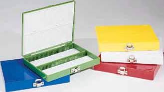 numbered index card in lid Stackable Available in choice of five colors 100-Slide box comes with hinged lid Hold 3 1" (75 25mm) slides 25- or 100-slide capacity 03-446 Color Cat. No.
