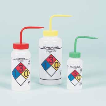 Preprinted bottles feature: Chemical name and formula Full color NFPA Diamond Health hazards CAS # (Chemical Abstract Services #) Suggested protective clothing and equipment Color caps enhance