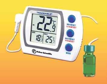 thermometers equipment AND instruments Fisher Scientific Traceable Refrigerator/Freezer Alarm Thermometer Temperature-buffered, sensor-sealed in bottled glycol solution to provide accurate reading