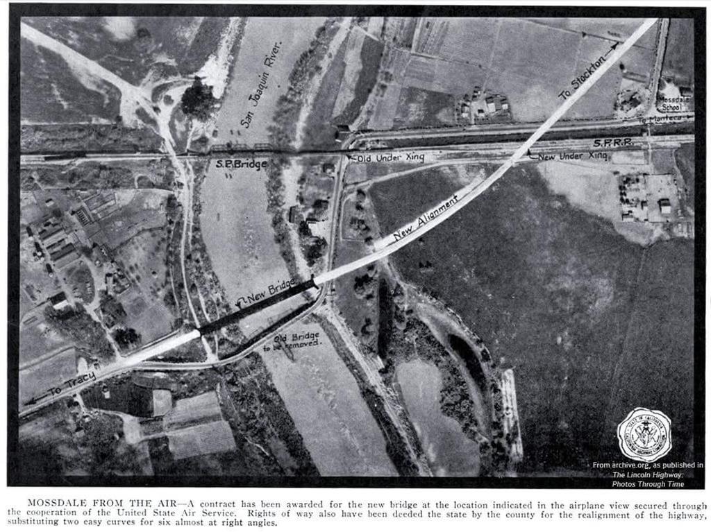 This aerial photo taken some time prior to 1925 showing the proposed realignment, also shows the presence of the Mossdale Garage, Mossdale School and numerous other structures