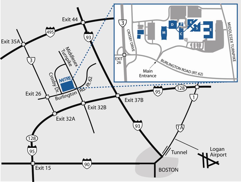 Directions to the MITRE complex in Bedford, Massachusetts: From New Hampshire to MITRE Complex: Take Route 3 South to Exit 26 (Route 62) Turn Left on Route 62.