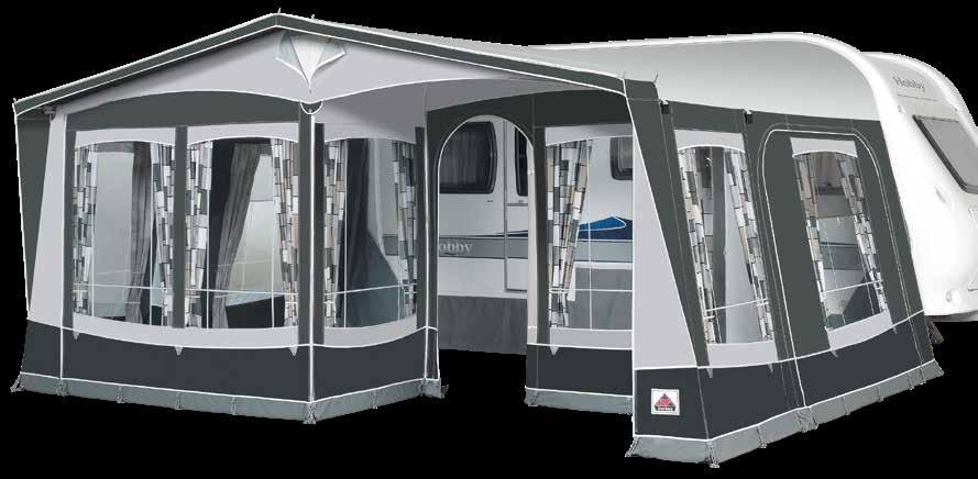 By changing the position of the front panel you can obtain a depth of 240 cm plus a large porch area of 110 cm. By fitting the optional partition wall various practical layouts are available.