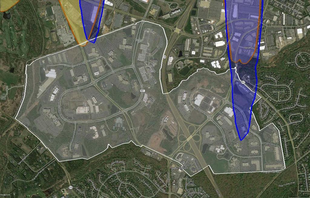 Dulles Suburban Center/Westfields J DNL 65+ Area Source: Google Earth (aerial basemap); Loudoun County, Virginia, 2017 (Loudoun airport impact