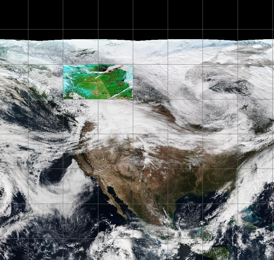 Figure 4: Tiling of MODIS images over North America. The two colored tiles are covering the area shown on the right.