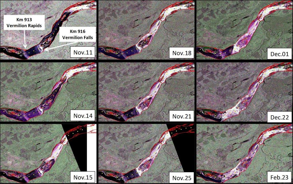10 HYDRAULIC SUBMERGENCE OF THE VERMILION CHUTES 2012 VS 2013 Figure 33 shows that in 2012, from Nov 11 to Nov 18 the ice front advanced upstream towards the Chutes and arrived at the downstream end