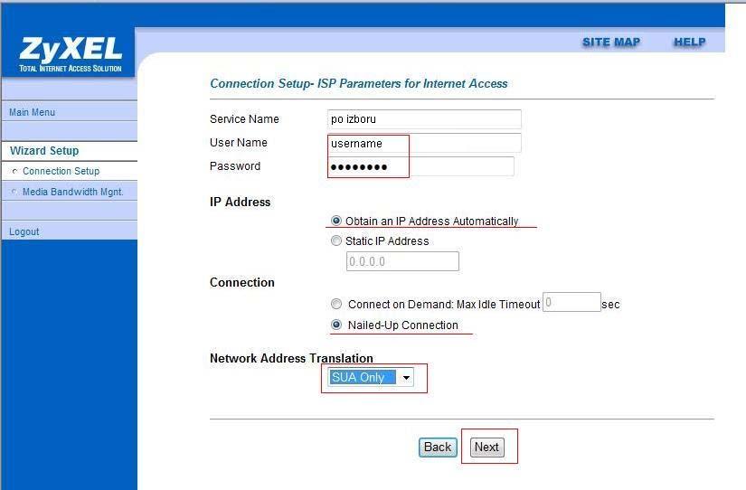 U sljedećem prozoru u polje Service Name unesite naziv veze po izboru. U polja User Name i Password upišite korisničko ime i lozinku iz obavijesti za HT::ADSL korisnika.