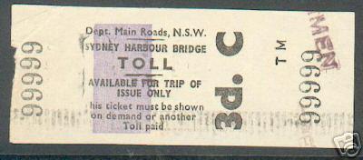 SYDNEY HARBOUR BRIDGE TOLL (bold) printed in black with colour bar ½ wide, ticket (2 ¼ x1 1/8 ) 22m wide, sans-serif lettering, Available for trip of issue only.