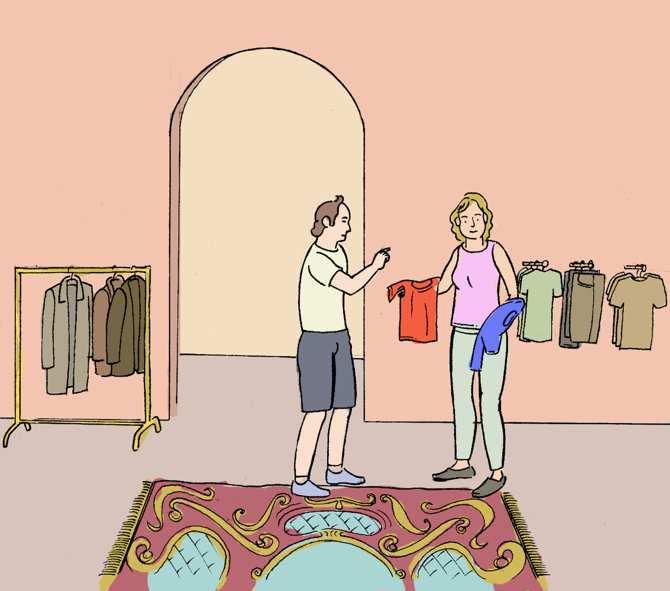 7. Mr. Jones is out in the main shopping street downtown. He enters a clothes store where he tries on several garments.