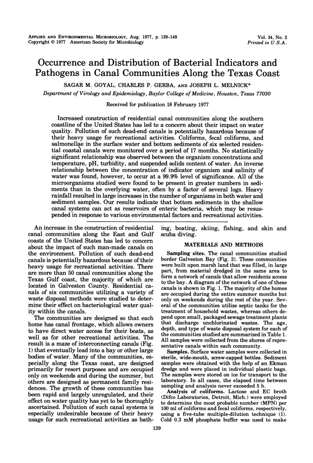 PPLED ND ENVRONMENTL MCROBOLOGY, ug. 1977, p. 139-149 Copyright C 1977 mericn Society for Microbiology Vol. 34, No. 2 Printed in U.S.. Occurrence nd Distribution of Bcteril ndictors nd Pthogens in Cnl Communities long the Texs Cost SGR M.