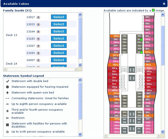 other available cabins (including a legend).. Displays upgrade options in the same category type, if available.