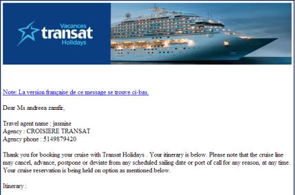 The alternate booking number with Transat is indicated below