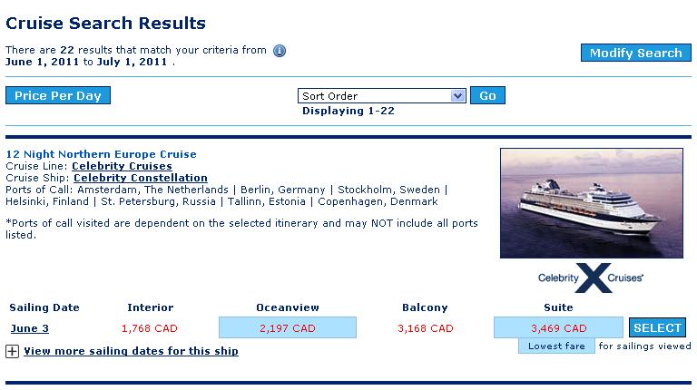 .1. Search Results Page and Cruise Selection Step of the booking process.