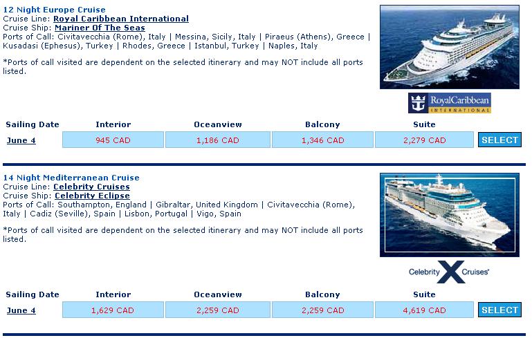 . Displays the detailed cruise itinerary as well as information on the cabin categories, ship and cruise line. 4.