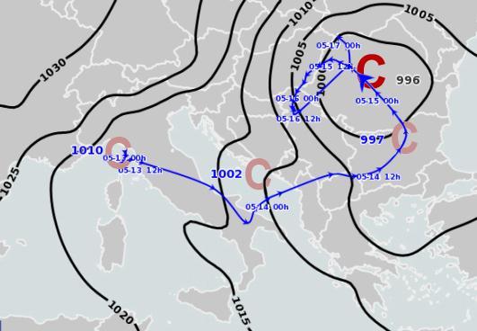 subtropical air of the Mediterranean basin Route of the center of