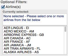 If you select Airline(s), a list of airlines becomes available to you. You can select one or more airlines from the list.