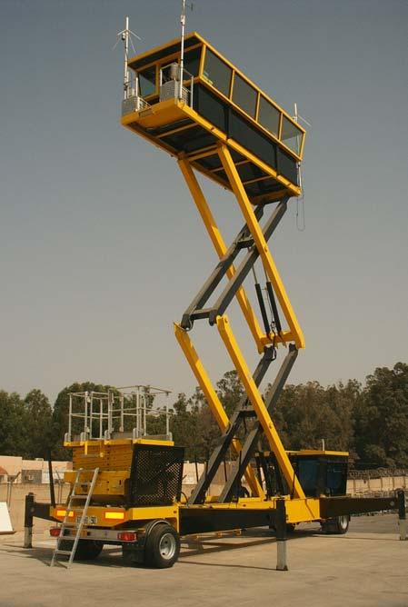 [ MOBILE ATC TOWER TMT 13500 ] General concept The mobile tower TMT 13500 concept relies on a scissors lift mounted cabin system integrated to a trailer.
