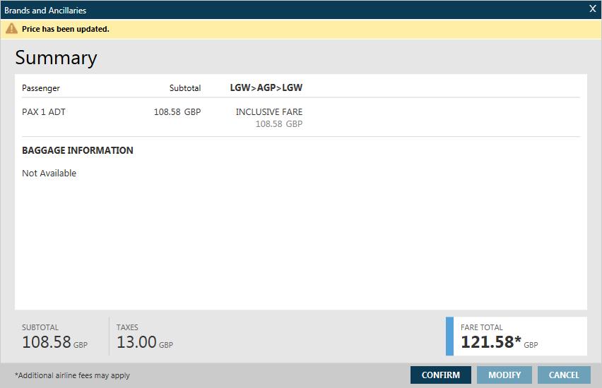 To upsell a fare, return to the DETAILS tab and select the required brand and click FARE