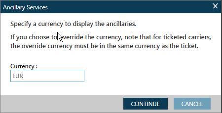 Screen example: Optional Services Formats Click CONTINUE, and the Ancillary Services screen will show the requested currency code, EUR. Commands: DAS* DAS*Cxx #nn #Cn /Sn /Sn.