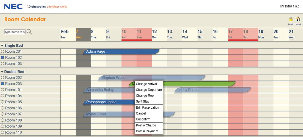 Figure 37 Confirmed reservation shown in guest calendar The Folio account is managed in the Guest List.