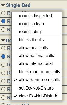 Block telephone calls from a room You can block telephone calls from the room using the Room Calendar. Hold down the left mouse button on the room name to set call barring.
