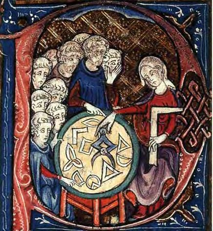 40 INTEGRIMI GJINOR NË PLANIFIKIM HAPËSINOR Një grua duke dhënë mësim në lëndën e gjeometrisë: Një pikturë nga një përkthim mesjetar i veprave filozofike antike të vitit 1265-99. MS Burney 275, fo.