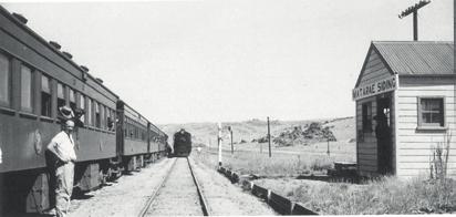 Figure 13. Matarae Siding, c. 1948. The passenger train crosses a freight train and the locomotive crews change. Photo: J.D. Mahoney collection.
