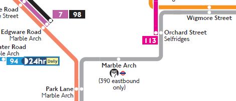 Figure 6 Passengers from the west now using bus route 98 will have to change onto the new route (salmon pink). 3.9. In November 2016, bus service 113 ran between Edgware Road and Marble Arch.