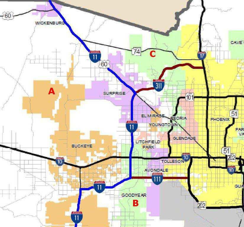 Phoenix West Valley I-11 Corridor (see map) 1 6 1) I-11 shares US 60 from Wickenburg to L303. 2) I-11 replaces Loop 303 from US 60 to SR 30. 3) I-11 replaces SR 30 from Loop 303 to SR 85.