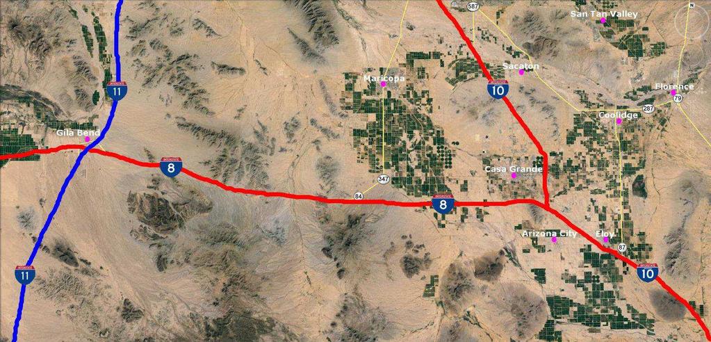 Central Arizona I-11 Corridor I-11 replaces SR 85 and connects directly with I-8 near Gila Bend. Gila Bend serves as a gateway between I-11 and Pinal County with I-8 being the main linkage.