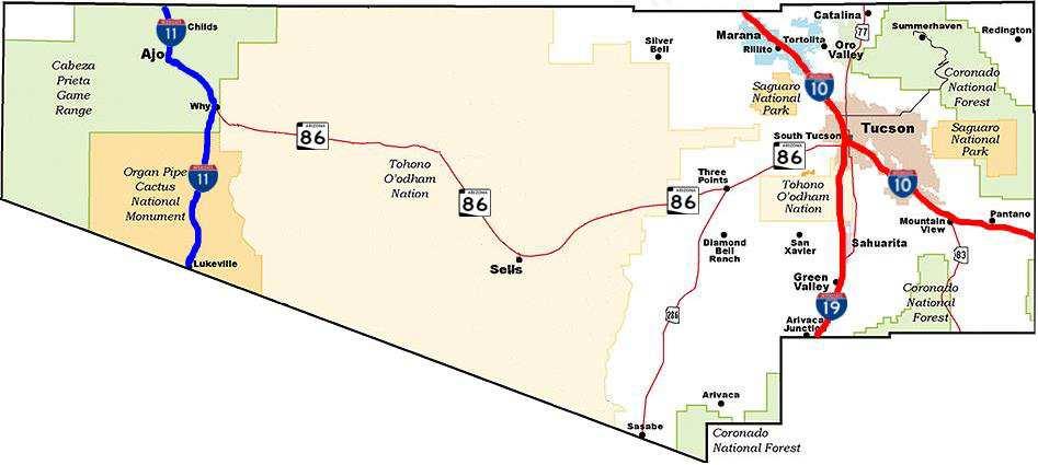 Pima County I-11 Corridor I-11 replaces SR 85 with an eastern bypass around Ajo. Santa Cruz County I-11 bypasses both Nogales and Tucson to the west.