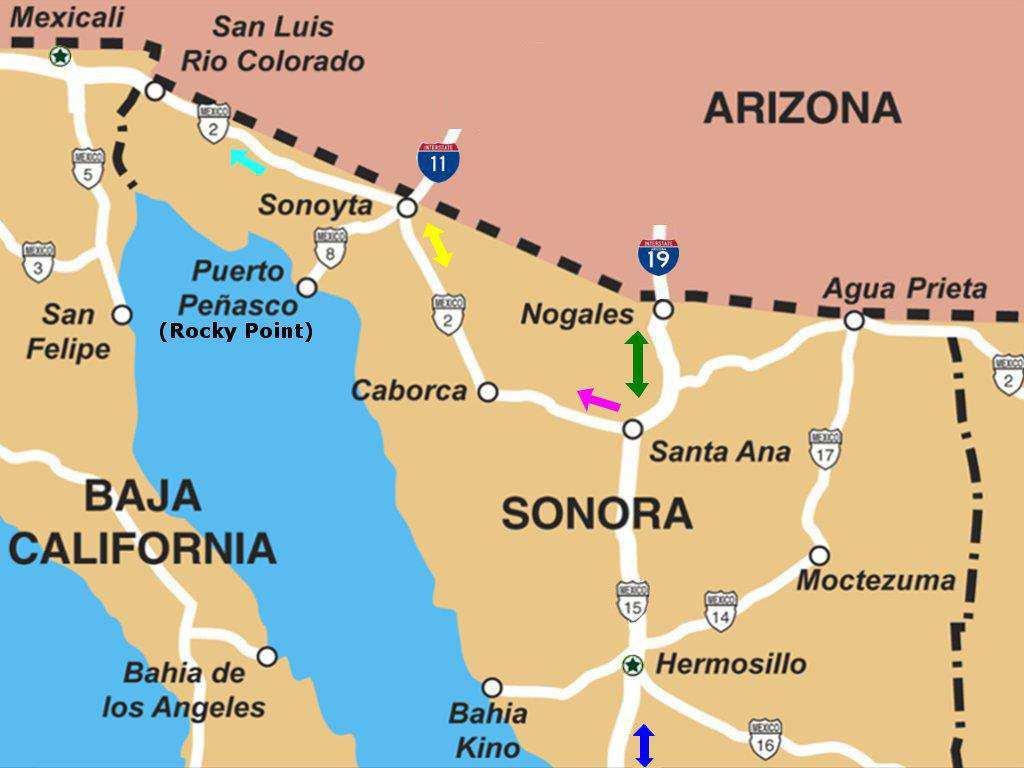 South of the Border Connectivity (Refer to map for colored arrows) Arrow: Common travel corridor from Guaymas and Mexico City.
