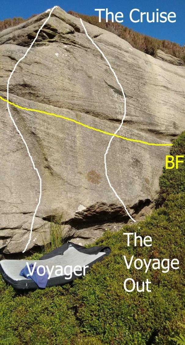 Some way to the right and at a higher level is a low roof Low Roof The Benevolent Boggart 7a+ ** Lip traverse starting down right on a flake in the roof pull up to the lip and
