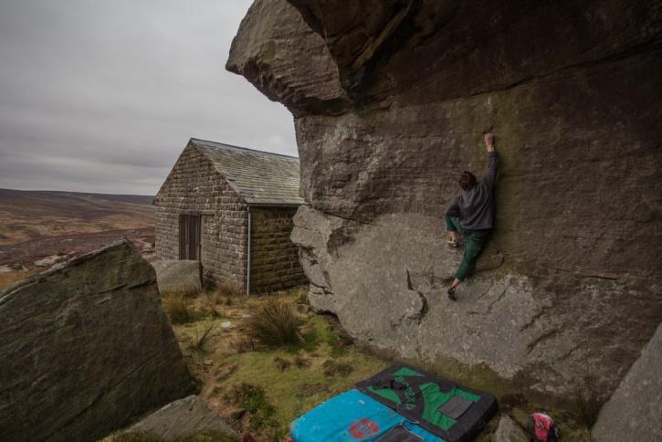 Oliver Parkinson Feb 2018 Sideways Action 6b * A traverse of the break that runs across the wall behind the barn. Good but needs a clean.
