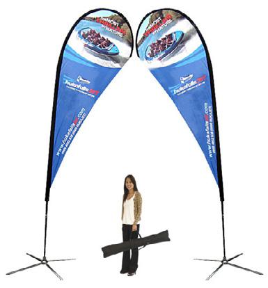 It includes outdoor ground stake or optional floor base and travel bag. 3 shapes and 5 different sizes available, double sided graphic is available FLAG SIZE 7 - ZOOM 2 19.