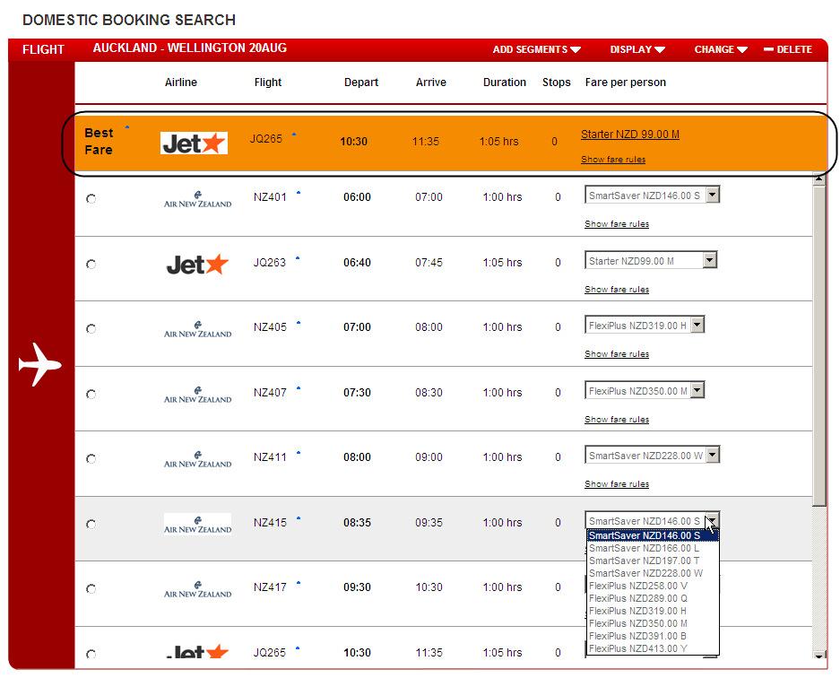 Select Flight Select the flight The Best Fare highlighted sections shows you the very cheapest fare available during the time period searched for.