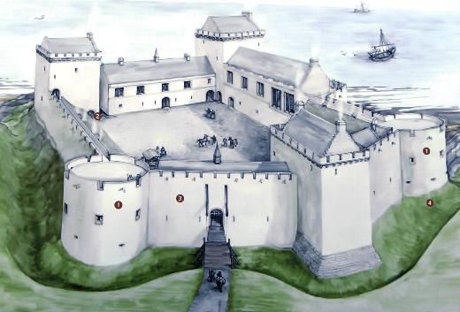 ABOVE: St. Andrews Castle. A view of the castle from the south, as it may have appeared in the 1550s. Image from the on-site display panel.