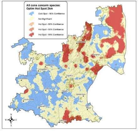 Analysis of hot spots of diversity for all species of conservation concern Hotspots of all species of conservation
