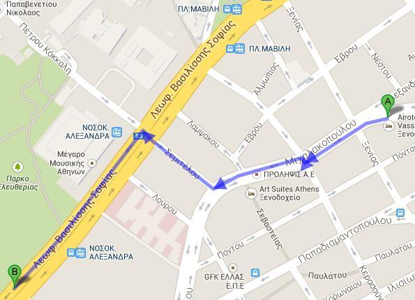 Once you get off the bus you walk a few meters back and you find the hotel (Point B). By Metro line 3 Hotel is located near MEGARO MOUSIKIS station (look at the map).