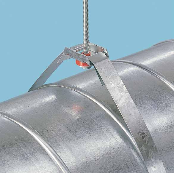 BA CIRCULAR DUCT SUPPORTS For the suspension of circular ductwork using 3/8 threaded rod. Standard 1 hanger strap encircles the duct.