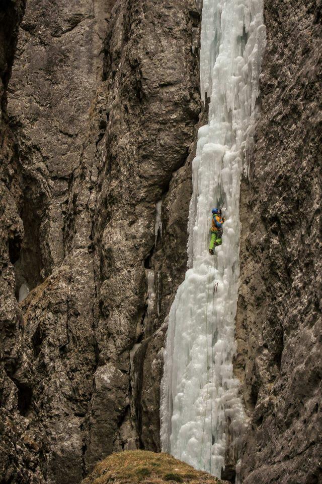 Climber on Spada nella Roccia, WI5. Peter Derrett Guided ice climbing available on request. The captivating Sottoguda Gorge on your doorstep!