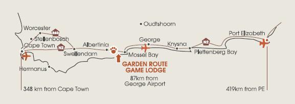 Our Location The Garden Route Game Lodge is situated off the N2 on the Garden Route in the Western Cape Province of South Africa GPS Co-ordinates - S 34 12,476' E 21 37,96' Directions from Cape Town